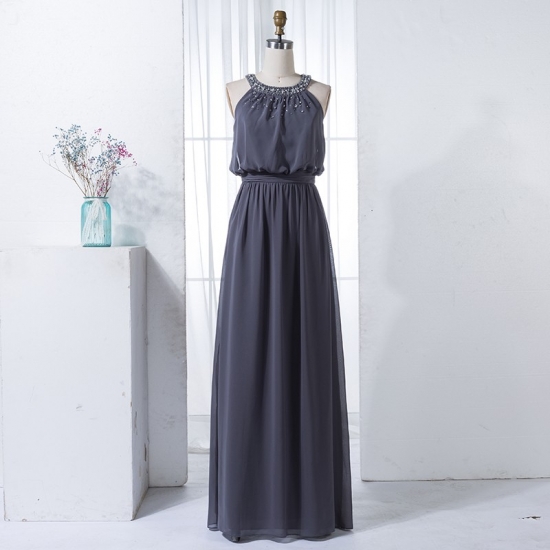 A-Line Round Neck Dark Grey Chiffon Bridesmaid Dress with Beading - Click Image to Close