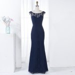 Mermaid Round Neck Backless Navy Blue Lace Bridesmaid Dress