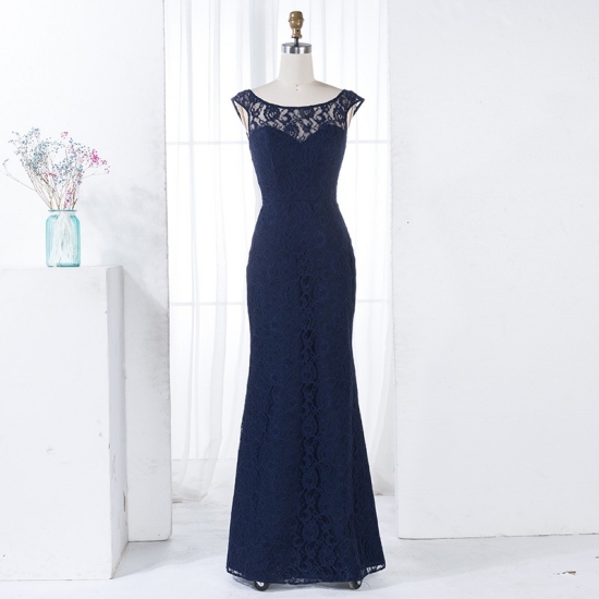 Mermaid Round Neck Backless Navy Blue Lace Bridesmaid Dress - Click Image to Close