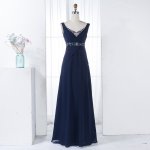 A-Line V-Neck Navy Blue Long Chiffon Bridesmaid Dress with Beading