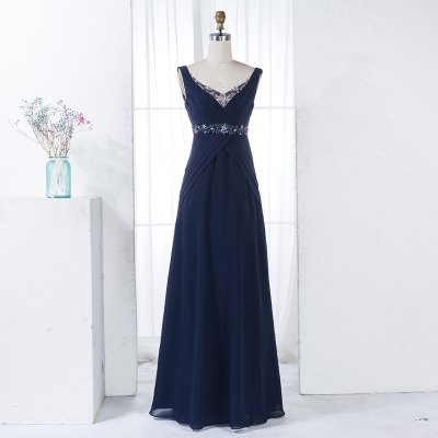 A-Line V-Neck Navy Blue Long Chiffon Bridesmaid Dress with Beading