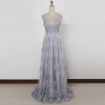 A-Line Spaghetti Straps Long Grey Tulle Prom Dress with Appliques