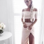 Two Piece Off-the-Shoulder Short Sleeves Pearl Pink Prom Dress with Lace