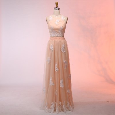Two Piece Round Neck Floor-Length Peach Tulle Prom Dress with Appliques