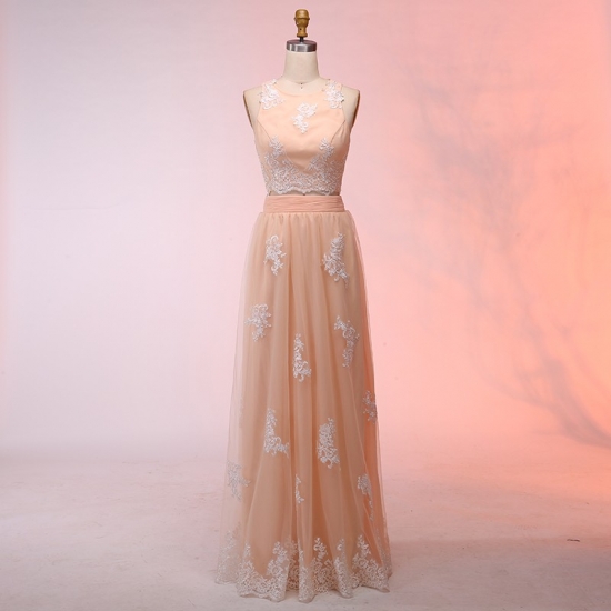 Two Piece Round Neck Floor-Length Peach Tulle Prom Dress with Appliques - Click Image to Close