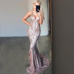 Mermaid Deep V-Neck Sleeveless Sweep Train Pink Sequined Prom Dress