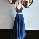 Two Piece Spaghetti Straps Floor-Length Dark Blue Satin Prom Dress with Beading