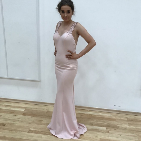 Mermaid Straps Backless Sweep Train Pink Prom Dress with Bowknot - Click Image to Close