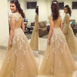 A-Line Cap Sleeves Champagne Tulle Prom Dress with Appliques Open Back