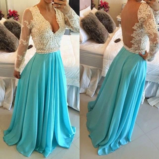 A-Line V-neck Long Sleeves Backless Blue Evening/Prom Dress With Beading - Click Image to Close