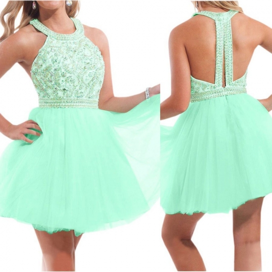 Sexy Halter Tulle Sleeveless Mint Green Homecoming Dress With Beading - Click Image to Close