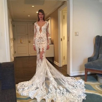 Long Lace Wedding Dress with Long Sleeves - White Sheath Deep V-Neck