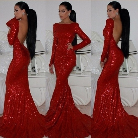 Long Sequined Backless Prom Dress - Red Mermaid Scoop with Long Sleeves - Click Image to Close