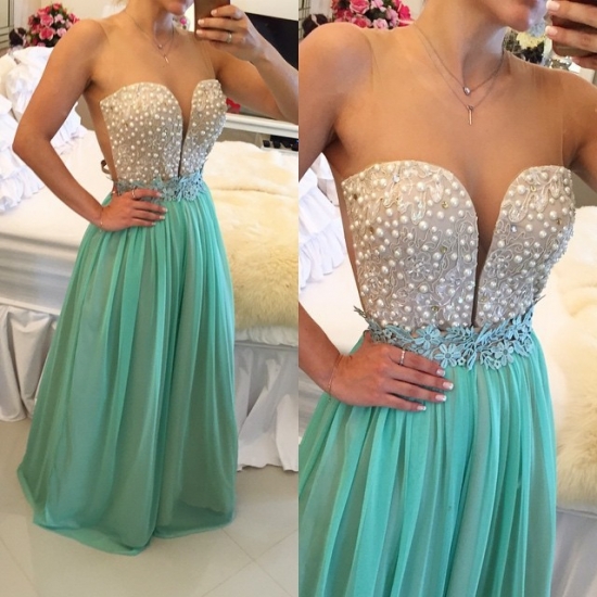 Hot Sell long Prom Dress - Mint Green Sheer Neck with Pearls - Click Image to Close