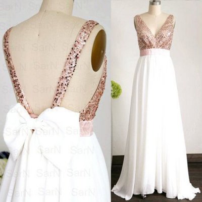 Elegant Floor Length Bridesmaid Dress - White Empire Rose Gold Sequins with Bowknot