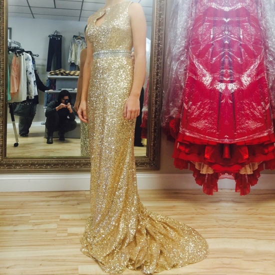 New Arrival Long Prom Dress - Gold Sequins Keyhole Back with Open Back - Click Image to Close