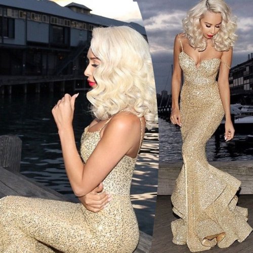 Charming Sexy Prom Dress - Gold Spaghetti Straps Mermaid with Split