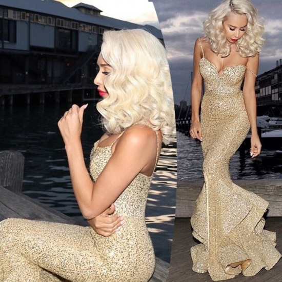 Charming Sexy Prom Dress - Gold Spaghetti Straps Mermaid with Split - Click Image to Close
