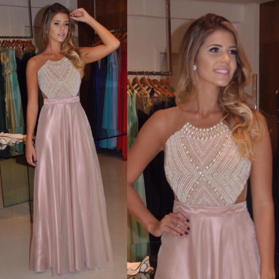 Awesome Floor Length Prom/Evening Dress - Sheer Back Top with Pearls - Click Image to Close