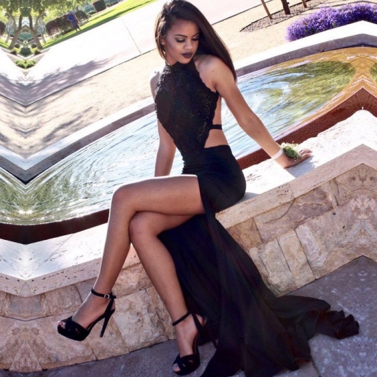 Sheath Halter Backless Black Chiffon Prom Dress with Lace Split - Click Image to Close