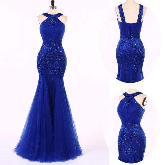Elegant Straps Beading Royal Blue Mermaid Prom Dress Formal Evening Gown - Click Image to Close