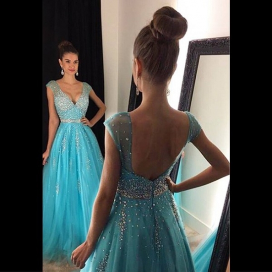 Elegant Sky Blue V-neck Cap Sleeves Backless Tulle Prom Dress with Beaded - Click Image to Close