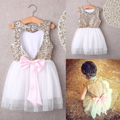 Cute Jewel Short Silver Sequins Flower Girl Dress with Open Back Bowknot