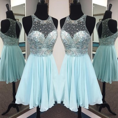 Elegant Jewel Sleeveless Short Illusion Back Mint Homecoming Dress with Beading Rhinestones