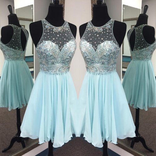 Elegant Jewel Sleeveless Short Illusion Back Mint Homecoming Dress with Beading Rhinestones