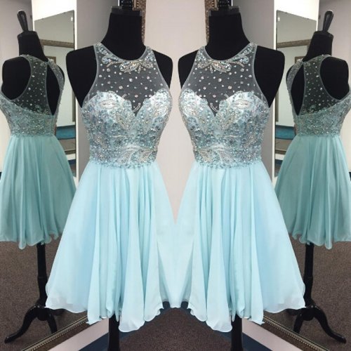 Elegant Jewel Sleeveless Short Illusion Back Mint Homecoming Dress with Beading Rhinestones