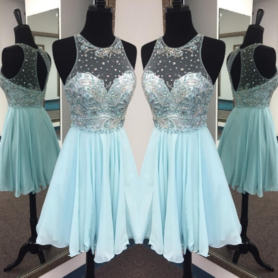 Elegant Jewel Sleeveless Short Illusion Back Mint Homecoming Dress with Beading Rhinestones - Click Image to Close