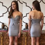 Sexy V-neck Off Shoulder Short Sheath Grey Homecoming Dress with Appliques