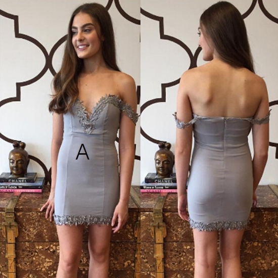Sexy V-neck Off Shoulder Short Sheath Grey Homecoming Dress with Appliques - Click Image to Close