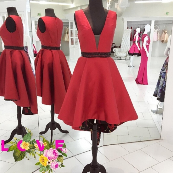 Simple Deep-neck Sleeveless Hi Low Red Homecoming Dress with Beading Waist - Click Image to Close