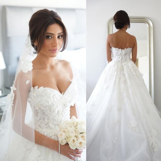 A-line Wedding Dress Bridal Gown with Handmade Flowers Sweetheart - Click Image to Close