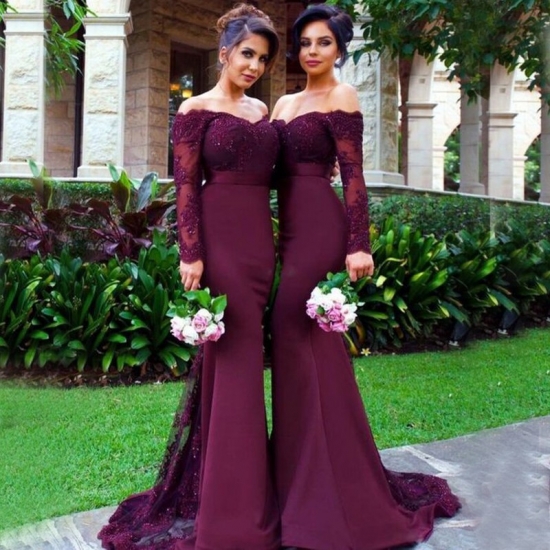 Mermaid Off-the-Shoulder Long Sleeves Sweep Train Bridesmaid Dress with Lace - Click Image to Close