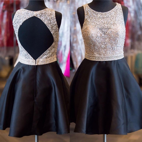Stylish Homecoming Dress - Jewel Sleeveless Short Black with Beading Open Back - Click Image to Close