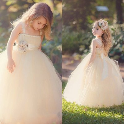 Fabulous Ball Gown Flower Girl Dress - Light Champagne Floor-Length with Bow Handmade Flower