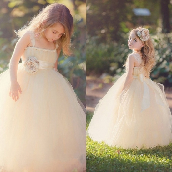 Fabulous Ball Gown Flower Girl Dress - Light Champagne Floor-Length with Bow Handmade Flower - Click Image to Close