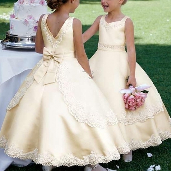 Vintage Ball Gown Tiered Flower Girl Dress - Scoop Ankle-Length Beading Lace Bow - Click Image to Close