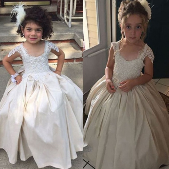 Stunning Ball Gown Flower Girl Dress - Scoop Cap Sleeves Ankle-Length Beading Lace Top - Click Image to Close