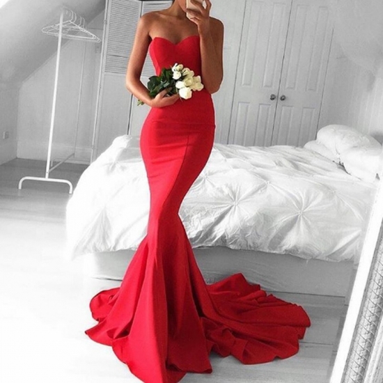 Glamorous Red Sweetheart Sleeveless Ruched Sweep Train Mermaid Prom Dress - Click Image to Close