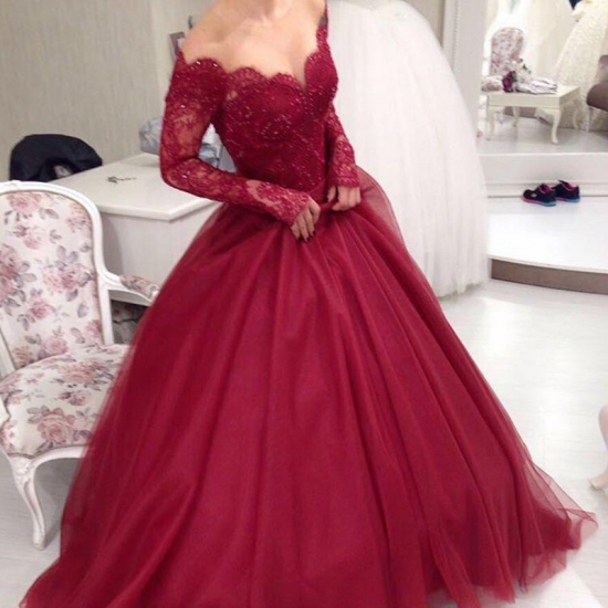 A-Line Off-the-Shoulder Long Sleeves Sweep Train Dark Red Prom Dress with Beading - Click Image to Close