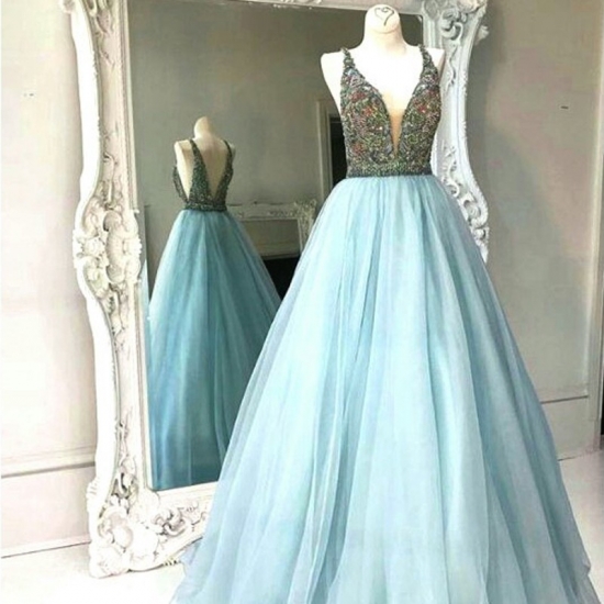Modern A Line Prom Dress - V Neck Sleeveless Floor Length Backless with Beading - Click Image to Close