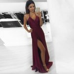 A-Line Halter Backless Sweep Train Maroon Satin Prom Dress with Slit