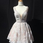 Deep V Neck Short Lace Prom Homecoming Dress - Pearl Pink Sleeveless with Beading