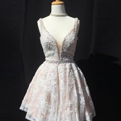 Deep V Neck Short Lace Prom Homecoming Dress - Pearl Pink Sleeveless with Beading