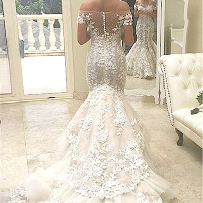 Mermaid Off-the-Shoulder Court Train Organza Appliques Wedding Dress