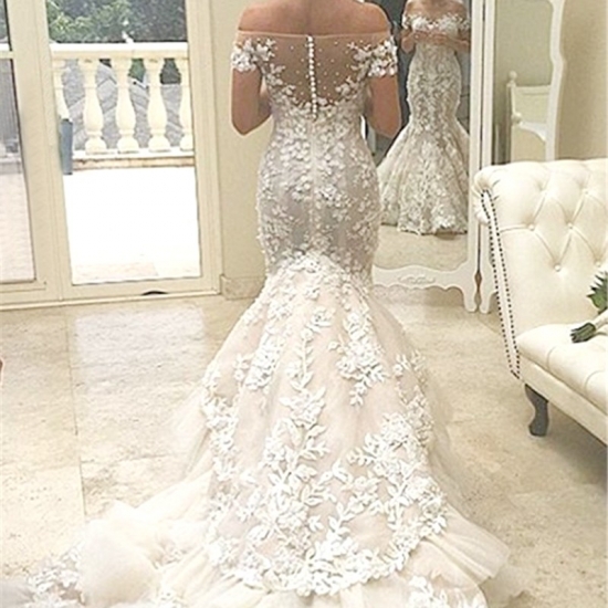 Mermaid Off-the-Shoulder Court Train Organza Appliques Wedding Dress - Click Image to Close