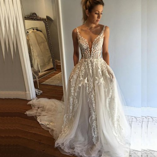 A-line Deep V-neck Chapel Train Wedding Dress with Appliques Pockets